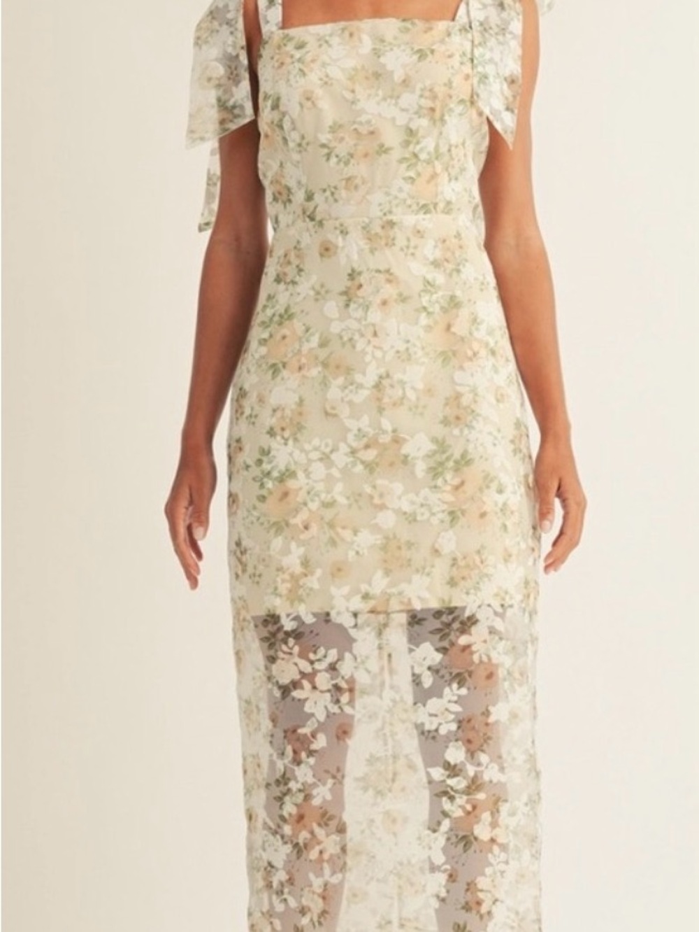 Sheer Floral High-Low Midi Dress in Cream